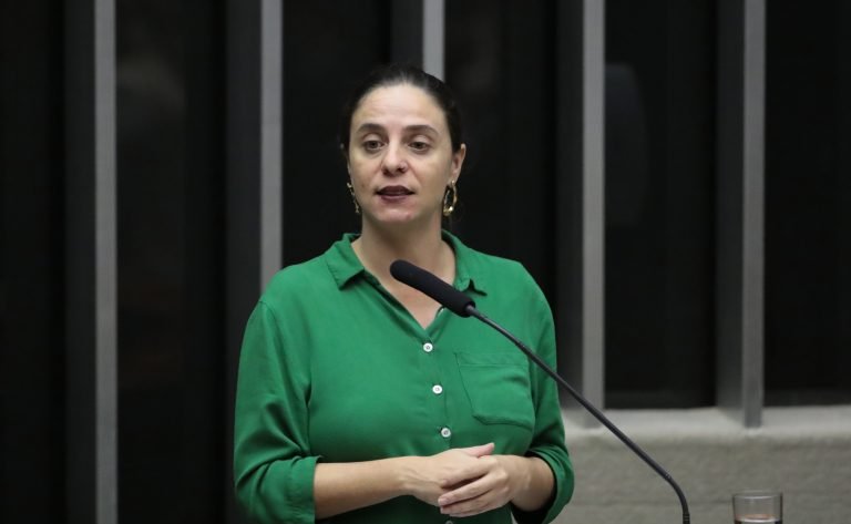 Deputada Fernanda Melchionna fala ao microfone