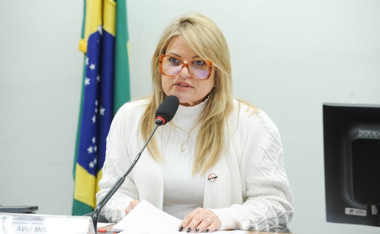Deputada Flávia Morais fala ao microfone. Ela é loira, tem o cabelo comprido, usa uma blusa branca de gola alta e do lado esquerdo tem uma bandeira do Brasil