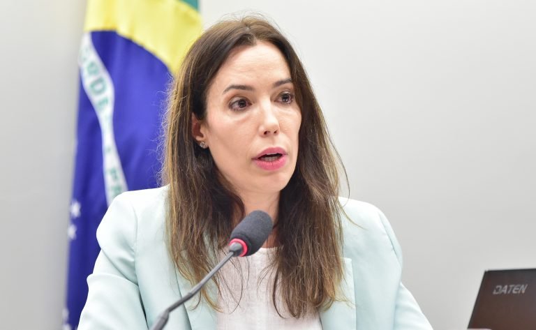 Uma mulher fala ao microfone. Ela é branca, tem cabelos comprido e castanho e usa um blazer azul claro