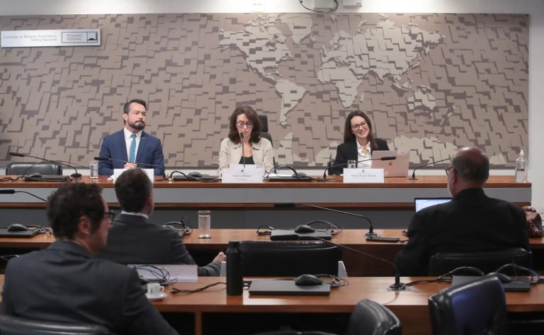 Audiência Pública - Eleições Gerais de 2026. Presidente do Clube Associativo dos Profissionais de Marketing Político, Bruno Hoffmann. Presidente do Conselho de Comunicação, Patrícia Blanco e Diretora de Projetos do Aláfia Lab, Maria Paula Almada.